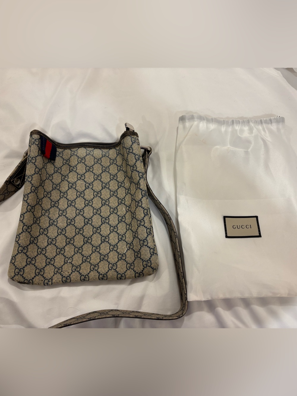 Gucci Beige GG Supreme Crossbody with Red & Navy Web Accent